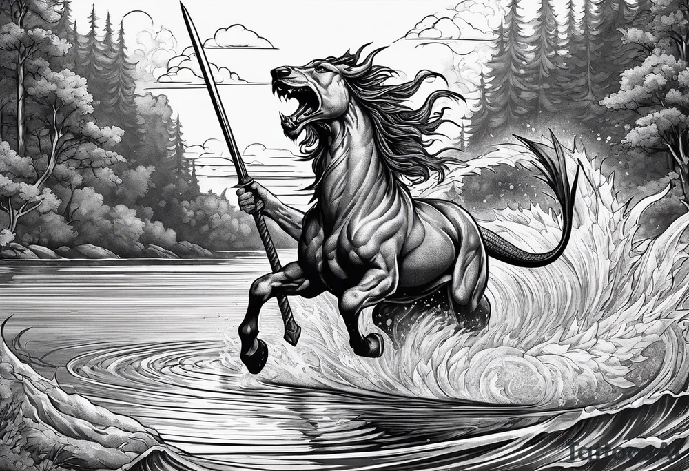 Jesus running across a lake and stabbing a dragon with a spear tattoo idea