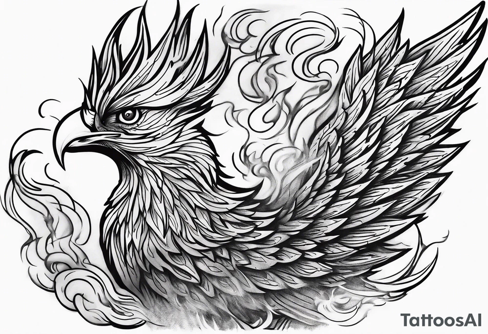 Bold text "BURN IT DOWN" engulfed with flames and smoke of a phoenix tattoo idea