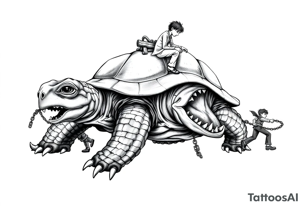 Small angry men walking slaves on a chain leash and chains on the back legs of an angry turtle with huge teeth with a little man riding on his back tattoo idea