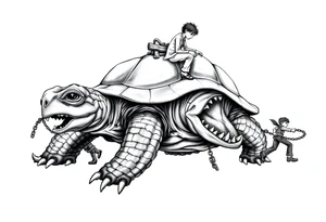 Small angry men walking slaves on a chain leash and chains on the back legs of an angry turtle with huge teeth with a little man riding on his back tattoo idea