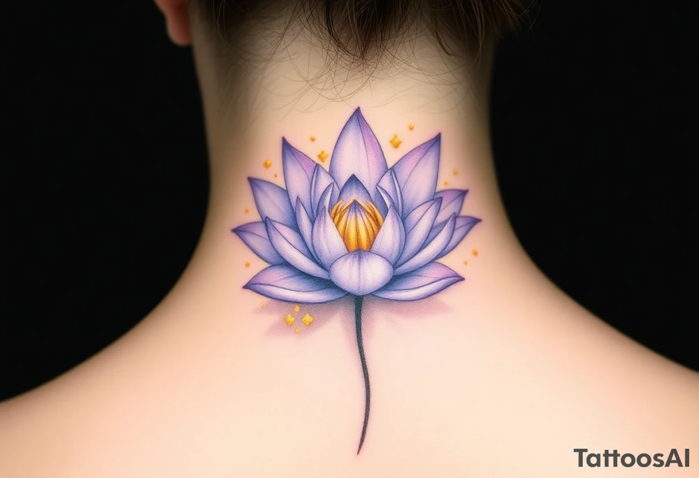 A delicate water lily with lavender-colored petals, surrounded by ethereal gold accents and floating gracefully in a misty, light-gray water, representing spiritual connection tattoo idea