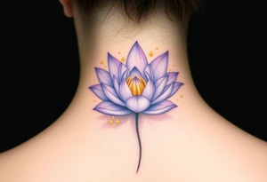 A delicate water lily with lavender-colored petals, surrounded by ethereal gold accents and floating gracefully in a misty, light-gray water, representing spiritual connection tattoo idea