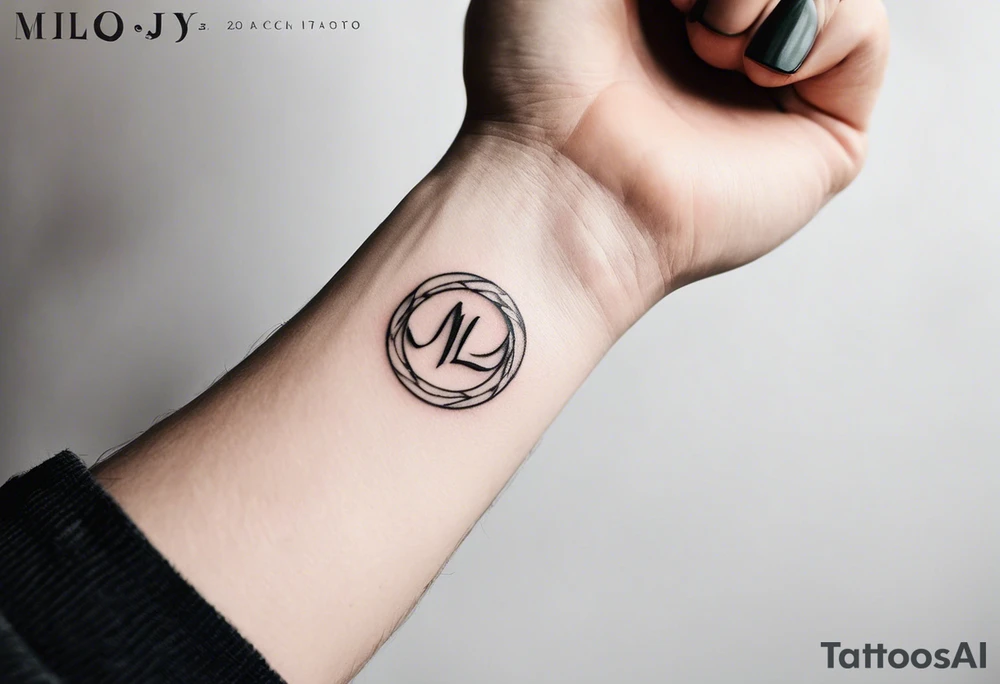 small tattoo on the forearm of a man with the initials MLJ, date of birth 22/09/22 in the style of a moluccan tattoo tattoo idea
