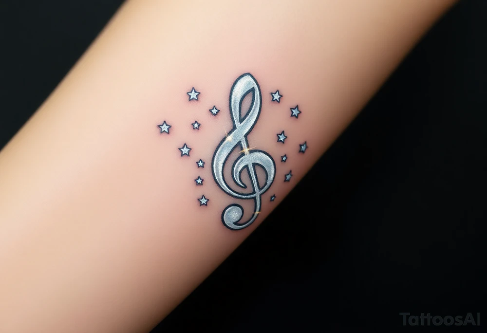 A treble clef surrounded by celestial stars, with a shimmering silver ink that glows against a dark background, symbolizing the cosmic power of music tattoo idea