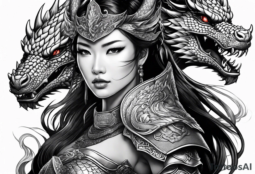 beautiful warrior woman wearing dragon armor and a dragon flying tattoo idea