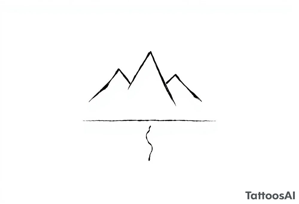 A minimalist geometric composition featuring three triangular peaks of varying sizes, forming a stylized mountain range. Each peak is outlined with clean, sharp lines, and the tallest peak is centered for balance. Below the mountains is a thin, straight horizontal line, representing a trail or path. tattoo idea