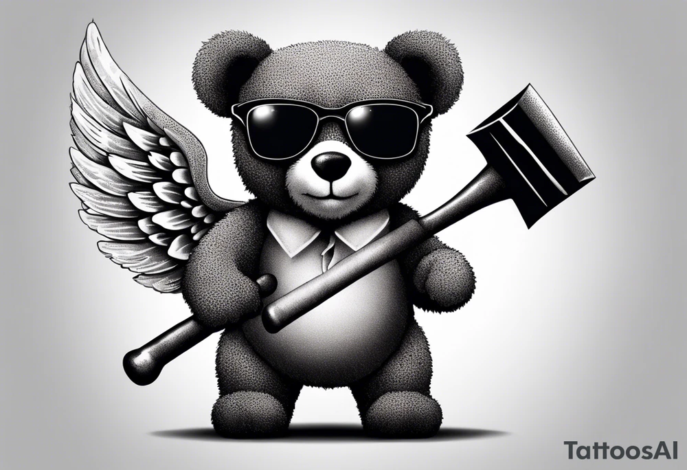 Teddy bear with wings wearing big sunglasses holding a sledgehammer tattoo idea