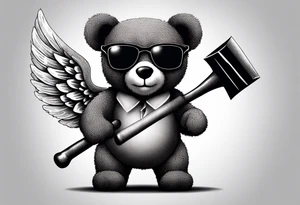 Teddy bear with wings wearing big sunglasses holding a sledgehammer tattoo idea
