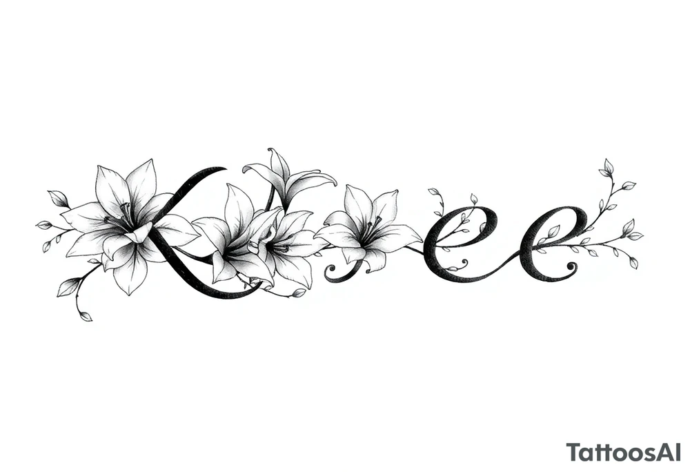 The word Kloee surrounded by big
lilies with the vines in letters tattoo idea