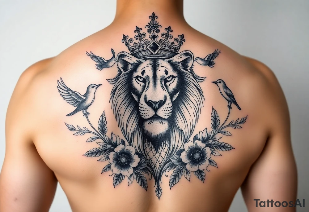 powerful majestic lion with a crown, surrounded by floral ornaments and birds tattoo idea
