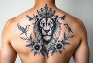 powerful majestic lion with a crown, surrounded by floral ornaments and birds tattoo idea
