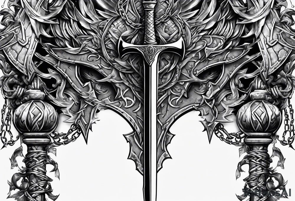 Valhalla sword shield dragon axe Valknut barbed wire chains tattoo idea