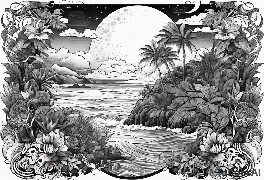 sleeve tattoo with jungle plants and Vegvisir, moon and beach tattoo idea