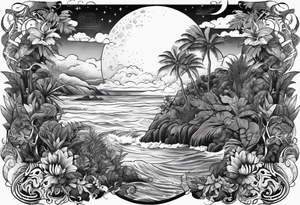 sleeve tattoo with jungle plants and Vegvisir, moon and beach tattoo idea