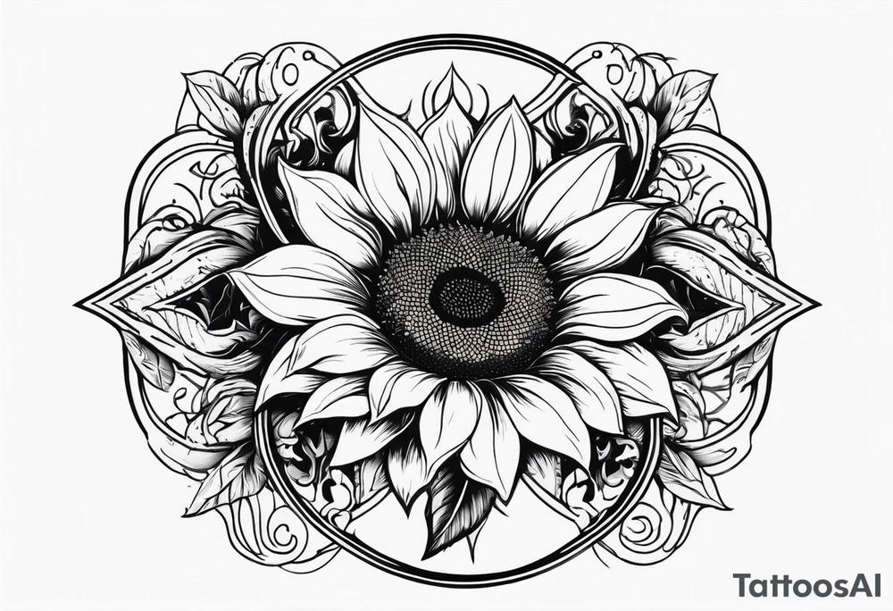 A steel horseshoe with a sunflower in the center tattoo idea