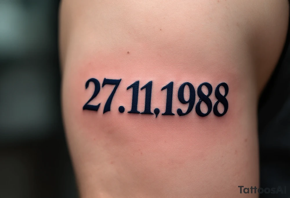 Classic 27.11.1988 carved in Roman numerals with deep navy blue shadows. tattoo idea