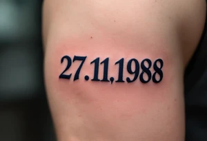 Classic 27.11.1988 carved in Roman numerals with deep navy blue shadows. tattoo idea