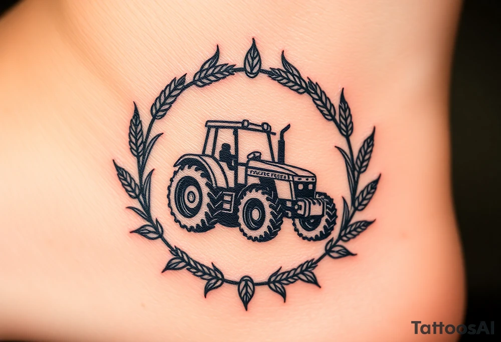 A tractor framed by a circular wreath of wheat and corn stalks, representing abundance and harvest. tattoo idea