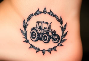 A tractor framed by a circular wreath of wheat and corn stalks, representing abundance and harvest. tattoo idea