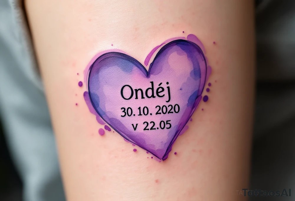 Watercolor heart in soft purple wrapping around "Ondřej – 30.10.2020 v 22:05" in type font. tattoo idea
