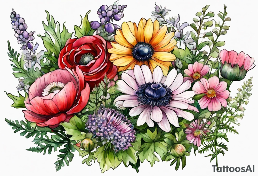 wildflowers with thistles, ferns, ranuculus, white anemones with black center, sun flowers, red flowers, pink flowers, purple flowers, buttercups, babys breath, daisies, and greenery all in watercolor tattoo idea