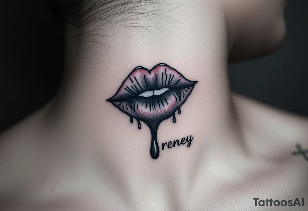 Seductive Stain from lipstick kiss with name Reney lowercase with drool tattoo idea