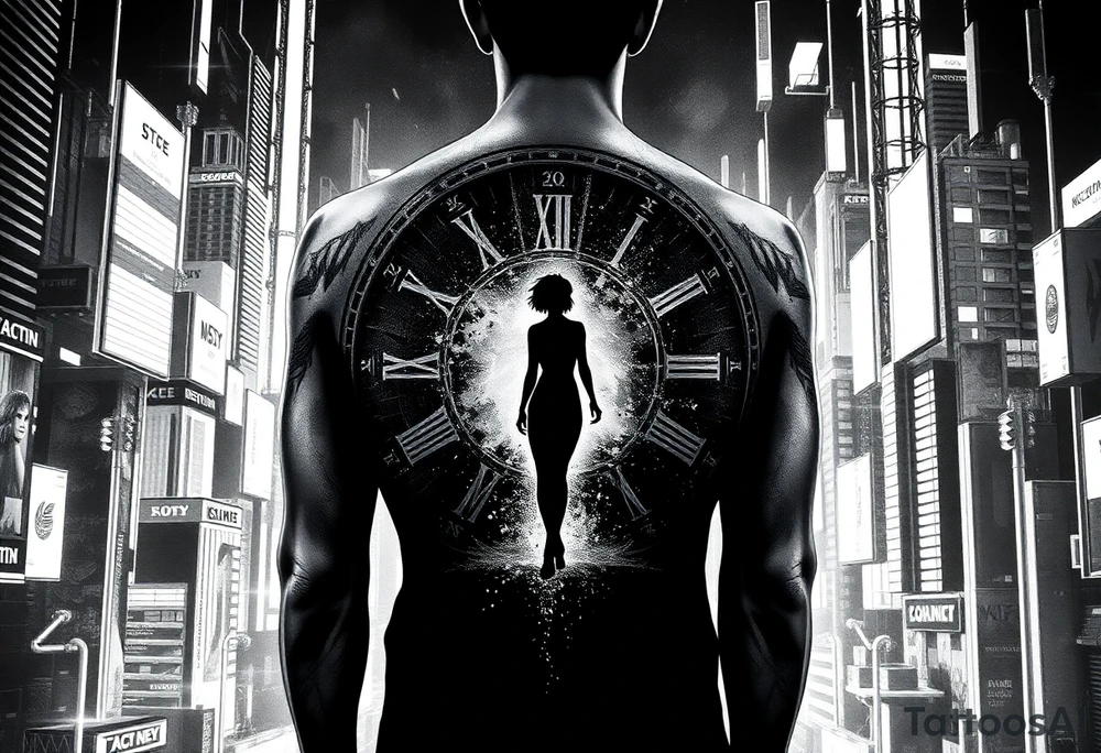 dark futuristic back tattoo, lonely man standing in a neon city, giant broken clock behind him, holographic money dissolving into particles, ghost silhouette of a woman disappearing, emotional storytelling tattoo, cyberpunk style, ultra detailed full back piece tattoo idea