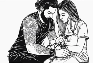 Male and female rag doll being sewn together tattoo idea