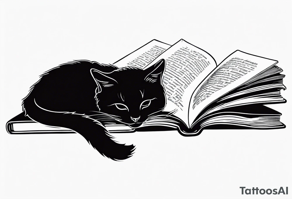black sillhouette cat sleeping with a book sleeve tattoo tattoo idea