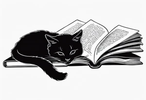 black sillhouette cat sleeping with a book sleeve tattoo tattoo idea