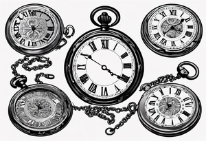 Pocket watch with chain, Roman numerals, date in Roman numerals inside timepiece, classic, elegant, traditional tattoo idea