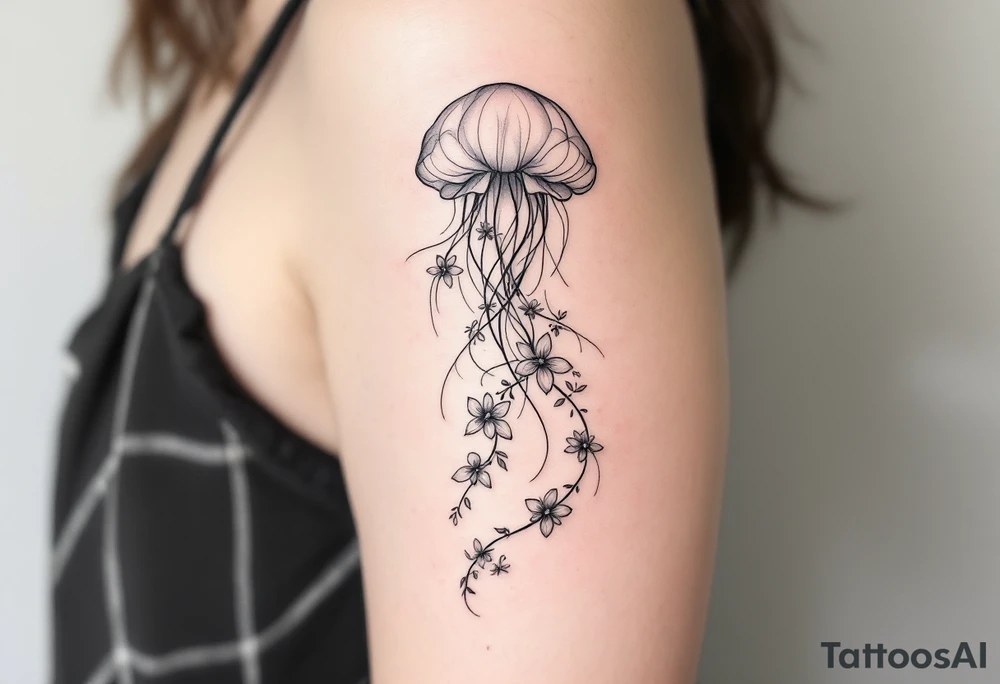 fine-line tattoo, single jellyfish, flowers butterflies composition, jellyfish bell blossoms, butterfly wing dome, flowing trailing tentacles, floral vine tentacles, tentacle streamers, overlapping blossom bell, minimalist elegant design, nature-inspired, delicate black grey lines, soft shading, no outlines, outline-free design, floral jellyfish, botanical sea creature, organic flow, upper arm shoulder placement, light airy feel, poetic minimalism, vine-shaped tentacles, petal tentacle flow, blossom bell composition, wing dome structure, delicate linework, soft botanical shading, nature creature fusion, minimalist intricacy, elegant simplicity, flowing organic movement, shoulder arm curve, lightweight design, subtle detail work, refined botanical elements, understated complexity, clean minimalist lines, gentle nature fusion, trailing floral streamers, jellyfish bell florals, butterfly wing bell, flowing tentacle vines tattoo idea