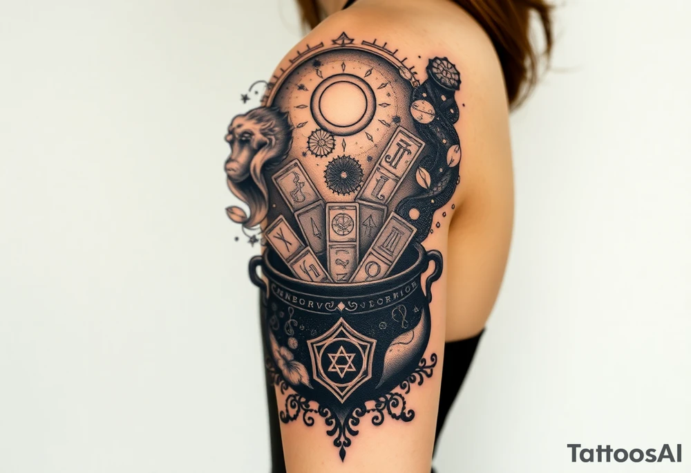 Milky way filled with zodiac symbols runes tarot cards coming out of a cauldron tattoo idea
