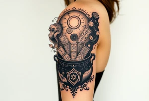 Milky way filled with zodiac symbols runes tarot cards coming out of a cauldron tattoo idea
