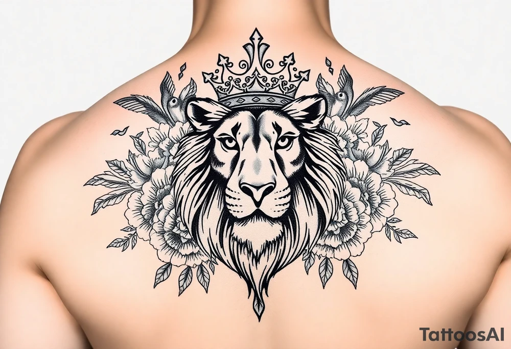 powerful majestic lion with a crown, surrounded by floral ornaments and birds tattoo idea