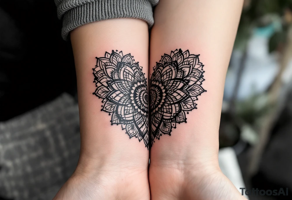 Each person wears half of a mandala heart, in black and gray dotwork, which completes when placed together.
Placement: Inner bicep or chest. tattoo idea