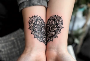 Each person wears half of a mandala heart, in black and gray dotwork, which completes when placed together.
Placement: Inner bicep or chest. tattoo idea