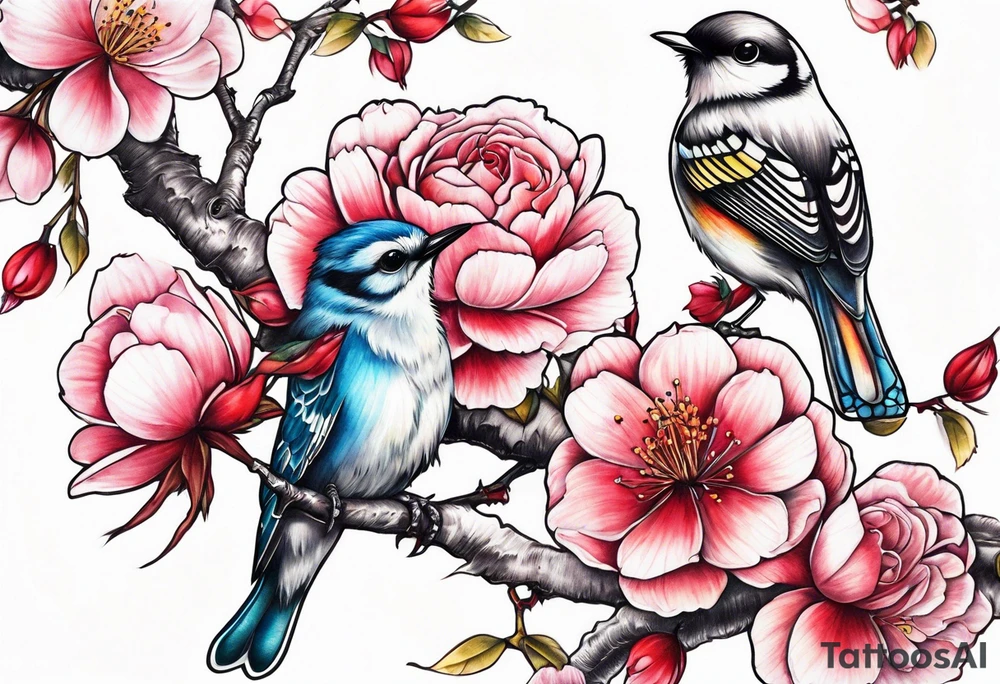 Japanese cherry blossom with birds, butterflies and rose tattoo idea