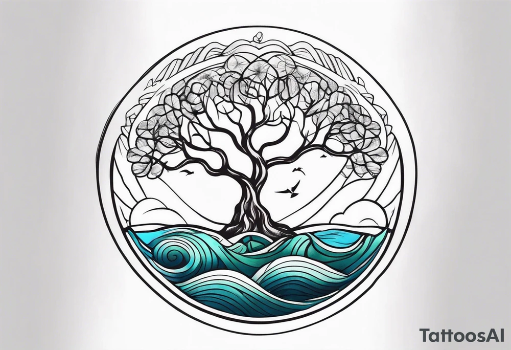 calm sea and tree of life tattoo idea