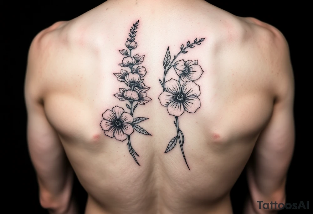 larkspur + hawthorne sleave tattoo, red ink. just the line art, no human mock-up
. tattoo idea