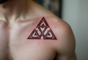 A bold tribal-style triquetra, filled with deep red and black patterns tattoo idea