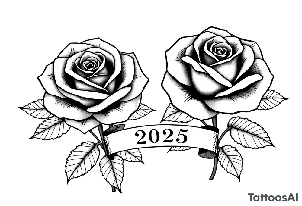 two beautiful large rose buds, one larger than the other, with lots and lots of leaves next to the rose buds, with one sitting slightly higher than the other, side-by-side.  Include a banner connecting the two roses with the year 2025 on it.   Use dark outlines with little shading. No stems tattoo idea