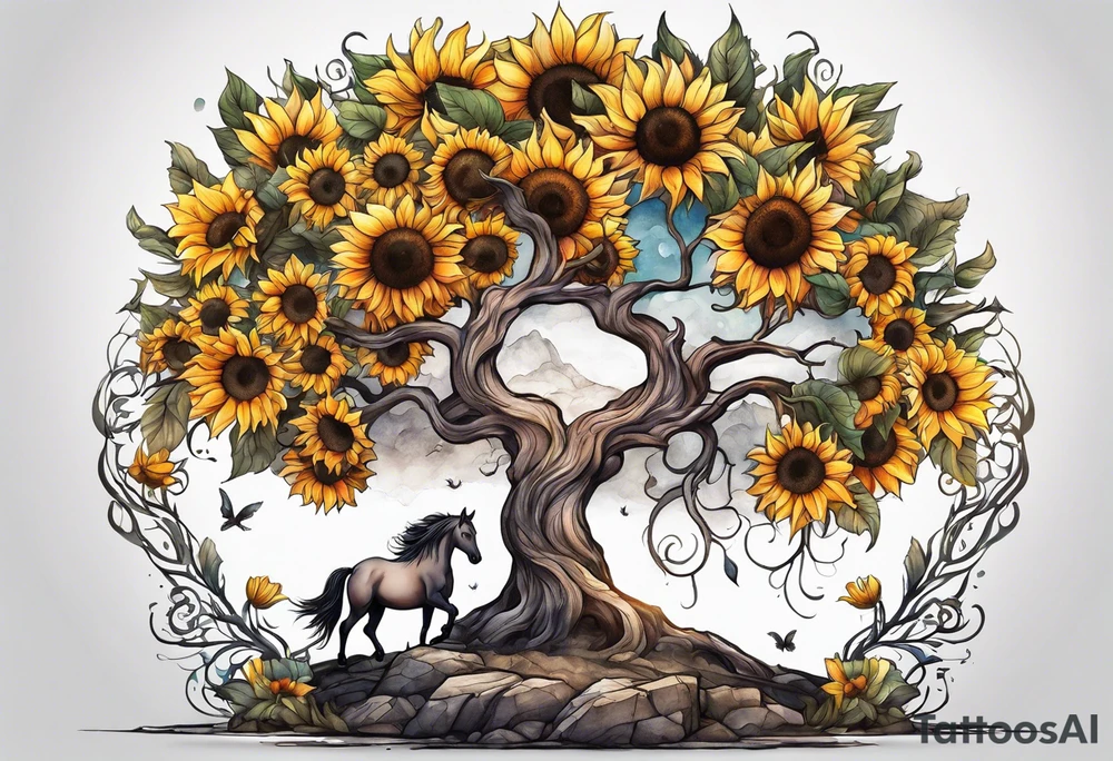 Yggdrasil tree, horse in front of it, and sunflowers tattoo idea