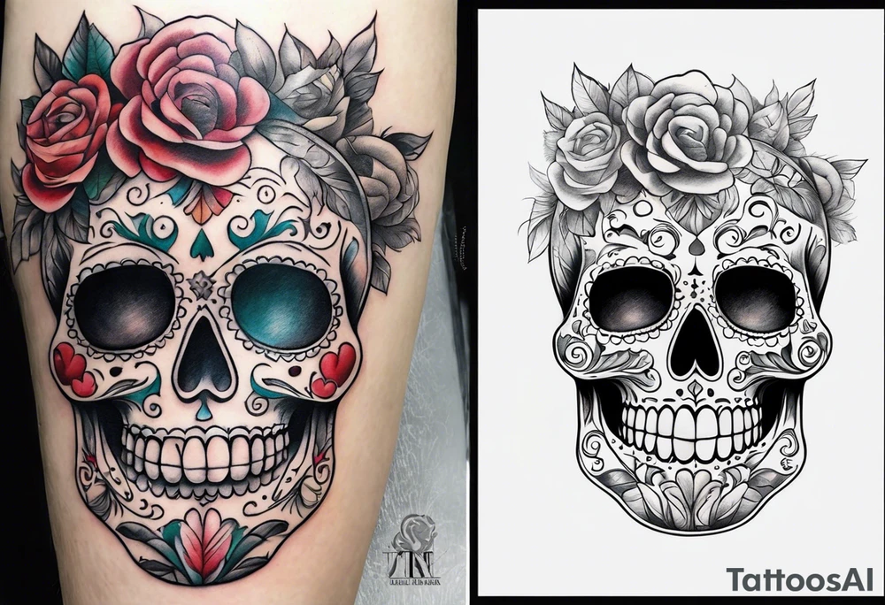 Lost a lot of weight. Sugar skull. Thigh tattoo tattoo idea