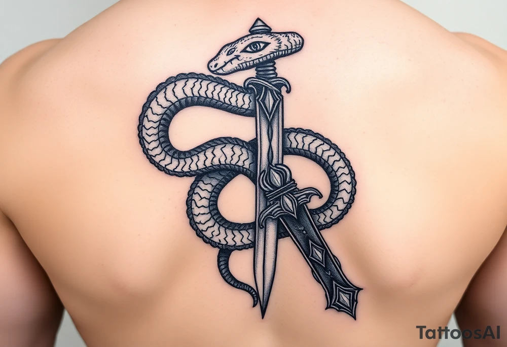 mystical snake coiled around an ancient dagger with jeweled hilt tattoo idea