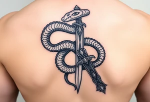mystical snake coiled around an ancient dagger with jeweled hilt tattoo idea