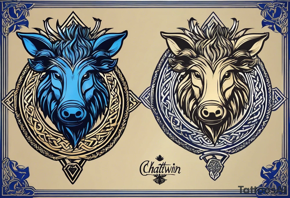 A classic tribal Celtic boar Integrated with a Chatwin, family crest and a Thistle. Simple with few lines. Blue and gold Chevron Chatwin family crest With the name, Chatwin and a Thistle tattoo idea