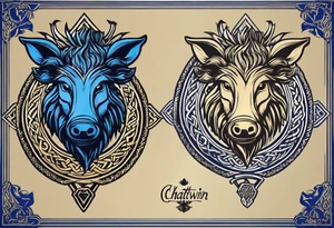 A classic tribal Celtic boar Integrated with a Chatwin, family crest and a Thistle. Simple with few lines. Blue and gold Chevron Chatwin family crest With the name, Chatwin and a Thistle tattoo idea