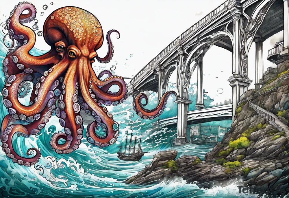 Octopus attacking bridge tattoo idea