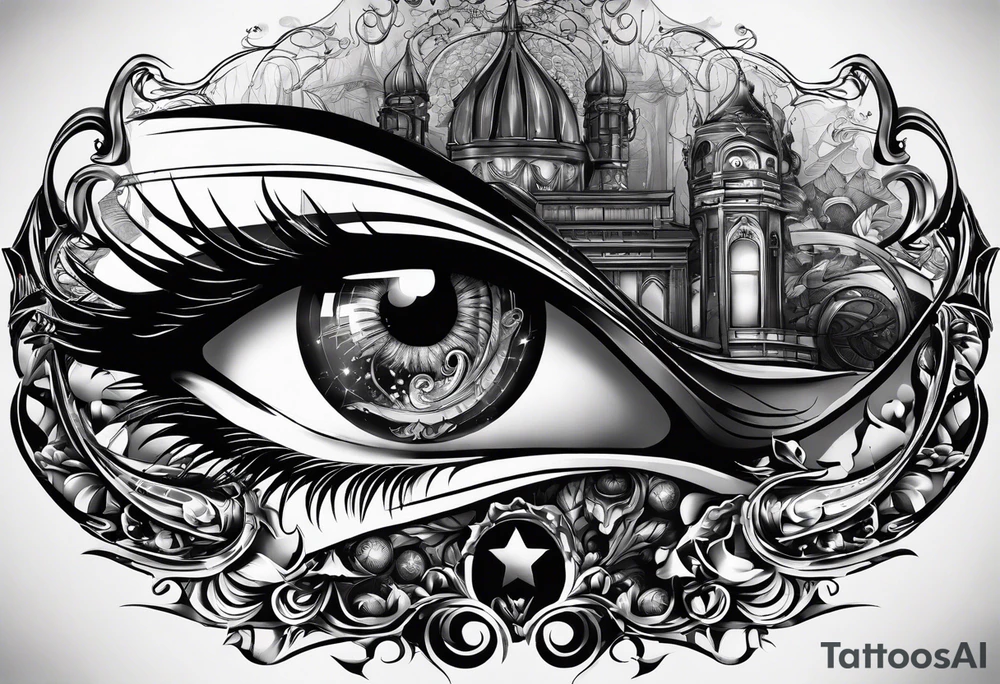 In the reflection of a eye two black siloets of people holding guns one man dead on the ground with a wounded woman standing behind him tattoo idea
